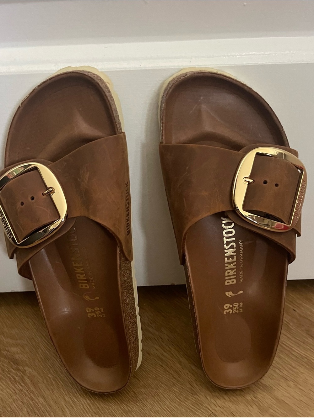 Birkenstock Madrid Big Buckle Cognac Leather Slide Sandals - Picture 12 of 15
